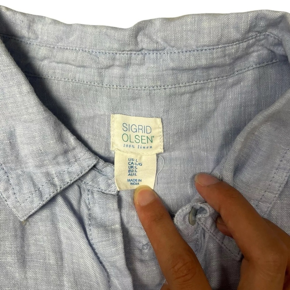 Sigrid Olsen Chambray Button Down Up Blouse Blue 100% Linen Casual Top Size L - Picture 7 of 12